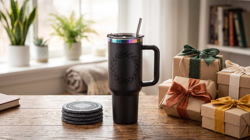 A matte black engraved tumbler and a stack of slate coasters next to wrapped gift boxes on a wooden desk