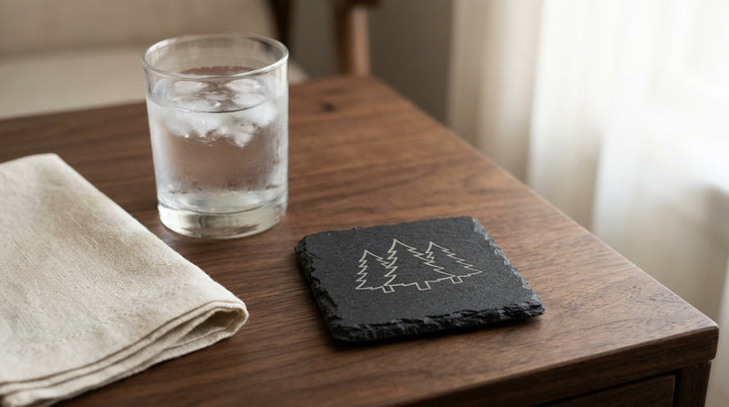 A square slate coaster engraved with three pine trees, resting on a walnut side table next to a glass of iced water