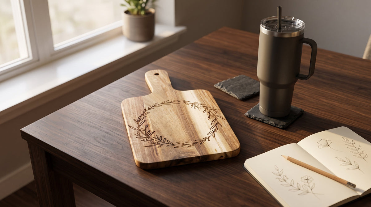 Acacia serving board engraved with a leaf wreath, slate coasters and an insulated tumbler on a walnut table beside a sketchbook