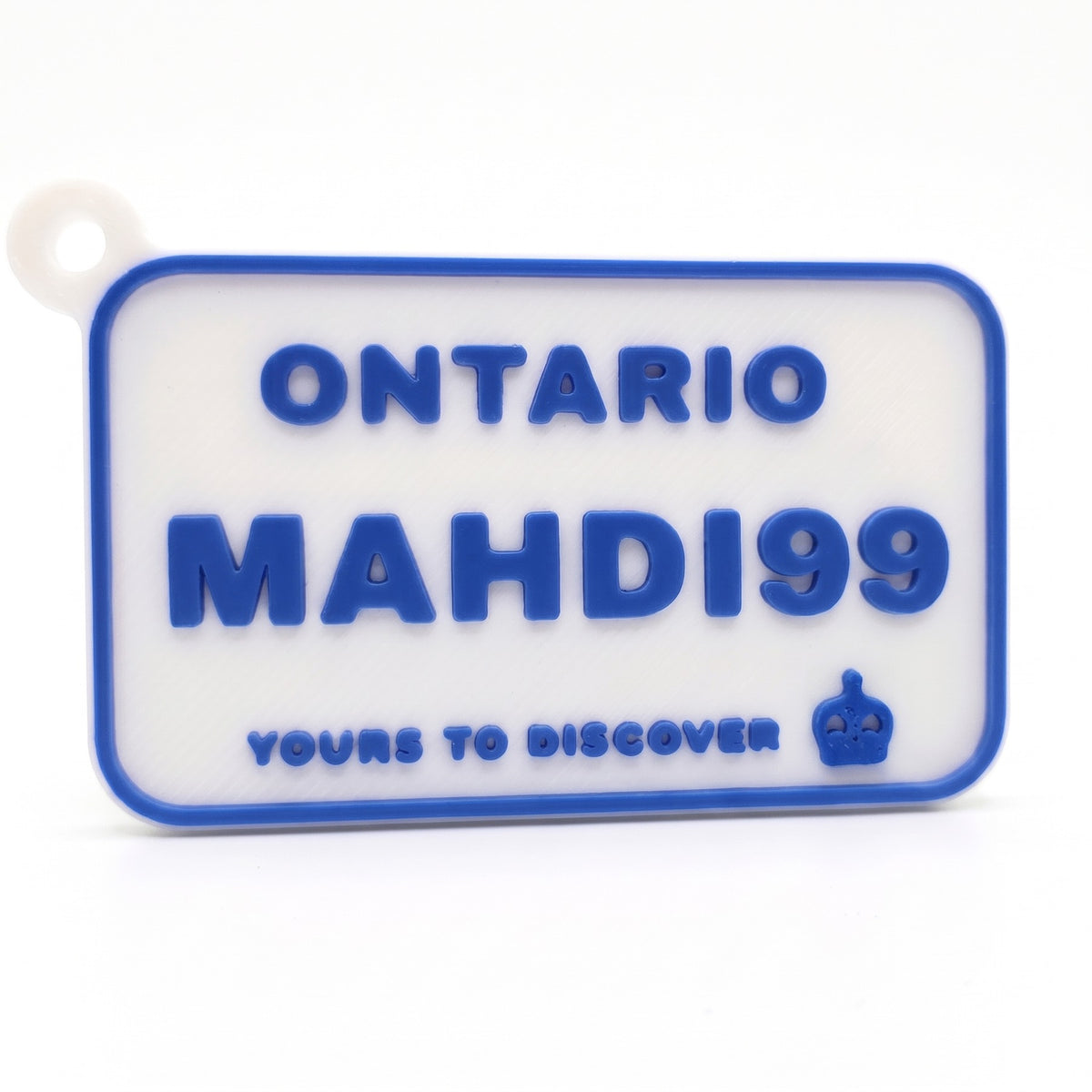Ontario licence plate keychain, white with blue raised lettering, rim and crown, reading ONTARIO, MAHDI99 and YOURS TO DISCOVER, with a loop at the top left