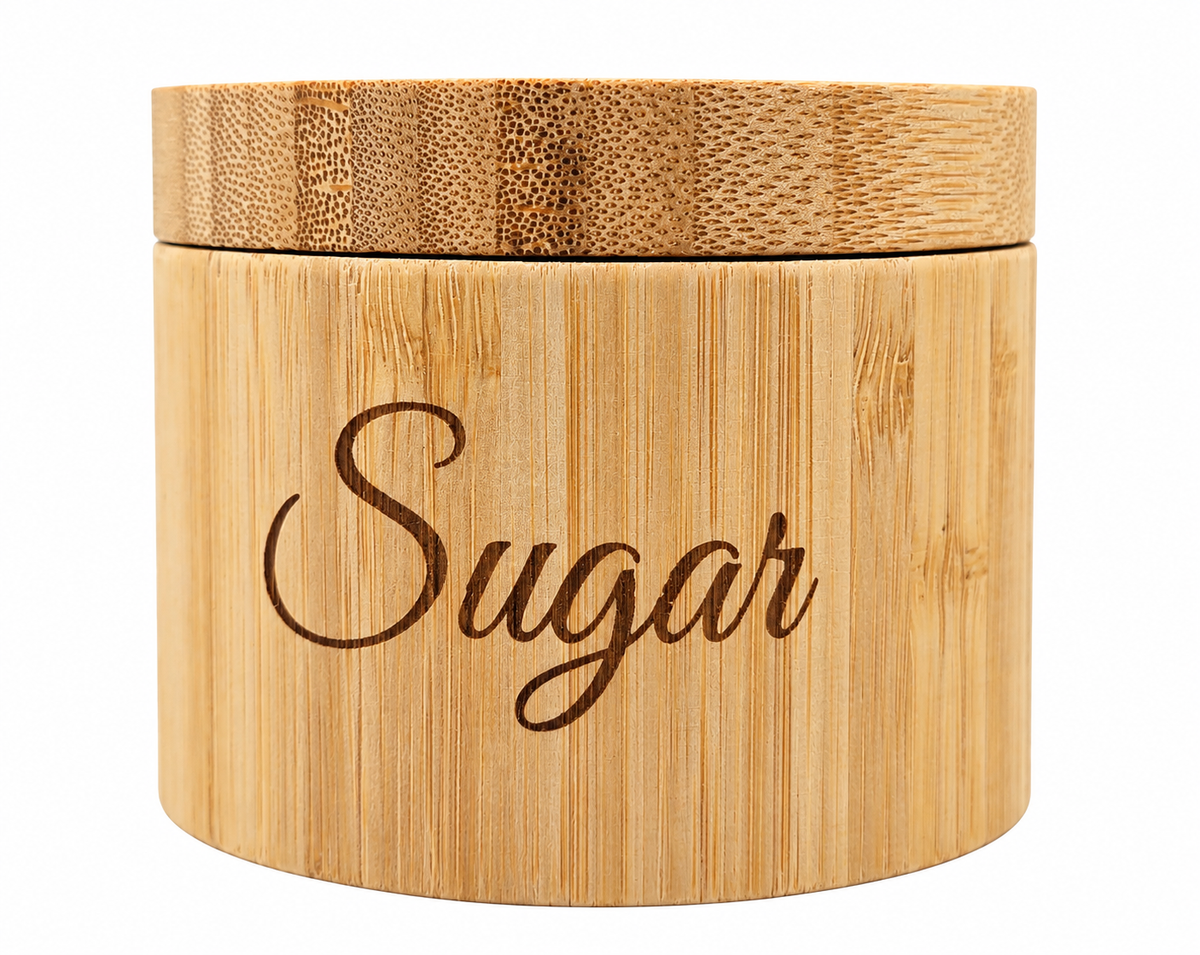 Round bamboo salt and spice cellar with a swivel lid, laser engraved with the word Sugar in script