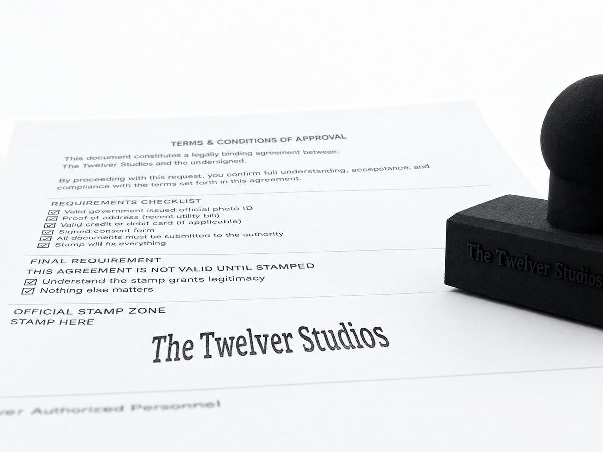 Black handled rubber stamp beside a mock agreement sheet stamped with The Twelver Studios in black ink