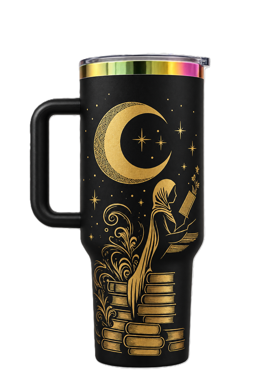 Matte black 40 oz tumbler, iridescent rim, engraved with a hijabi woman reading under a crescent moon on stacked books