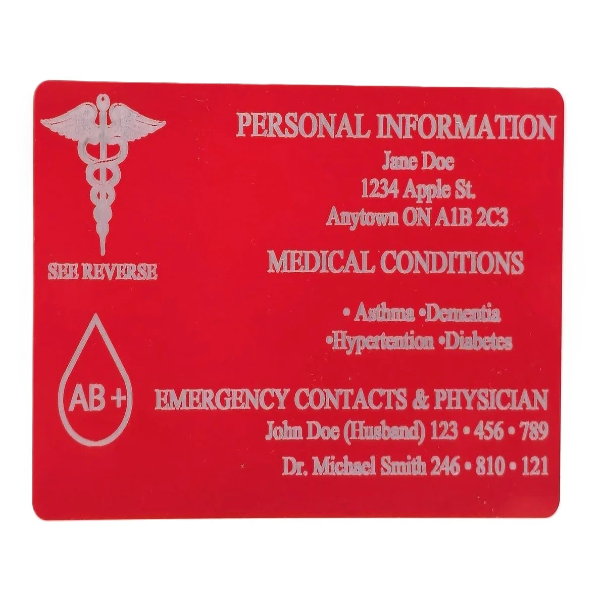 Wallet size red medical ID card with a caduceus symbol, AB+ blood drop and See Reverse note in white engraving