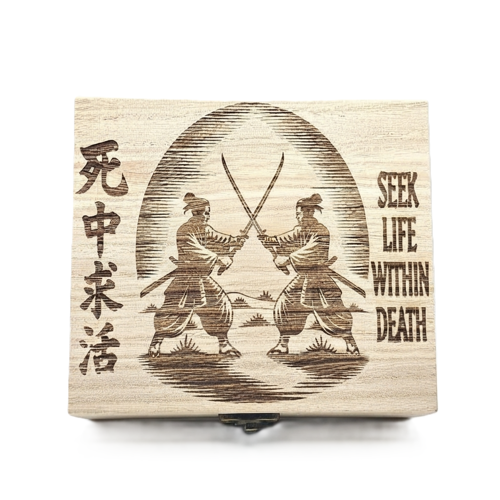 Natural wood keepsake box lid engraved with two samurai dueling before a sun, kanji and Seek Life Within Death