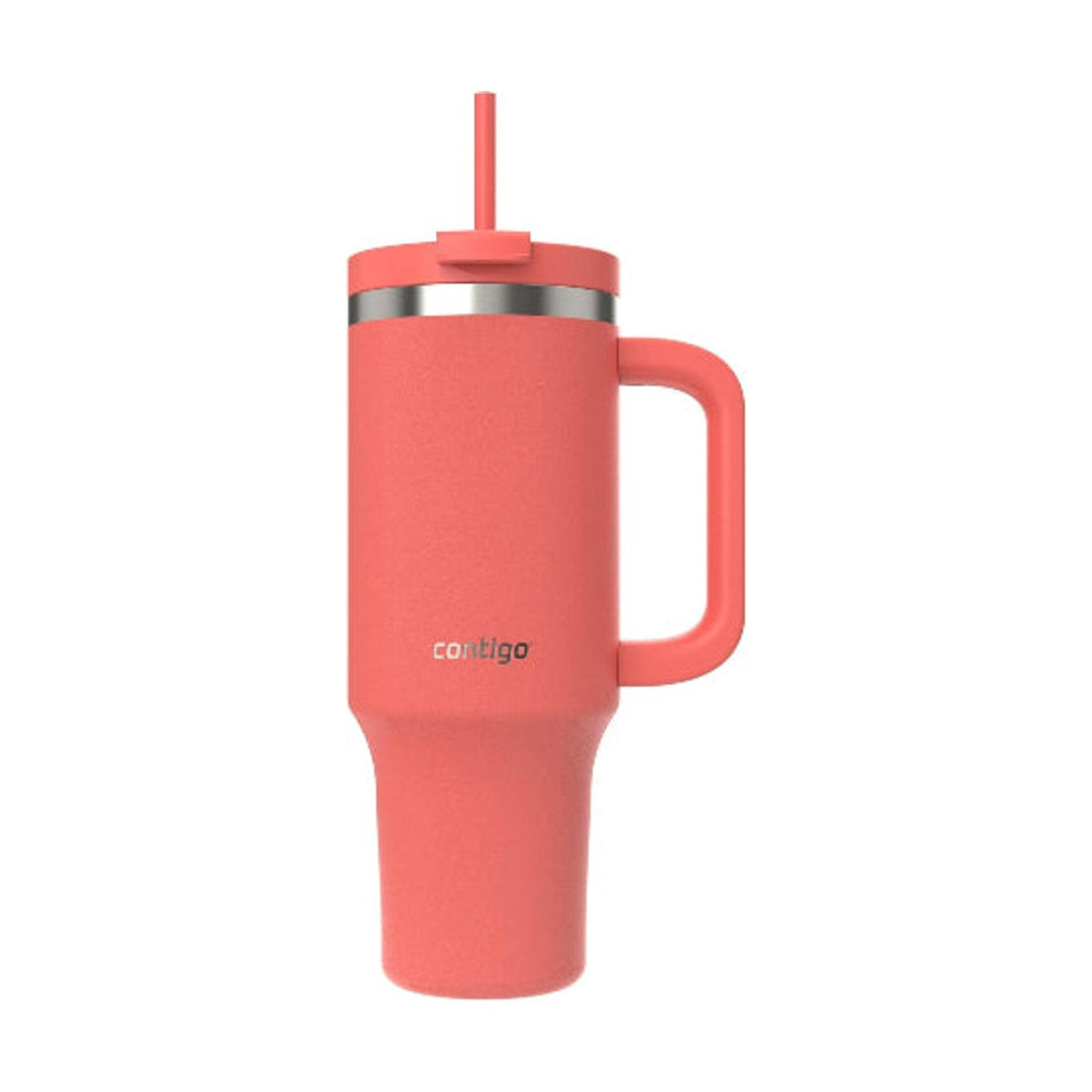 Coral Contigo Streeterville tumbler with a matching handle, lid and straw and a stainless steel rim band