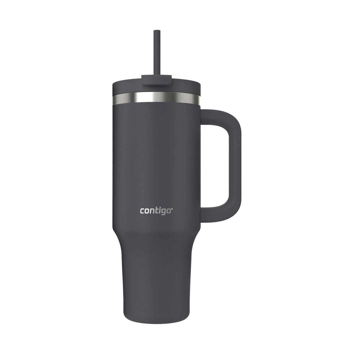 Darkstone colour option, a charcoal grey Contigo 40 oz tumbler with a matching lid and straw