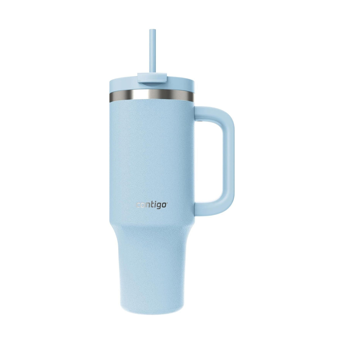 Light blue Contigo Streeterville tumbler, 40 oz, with a matching straw and handle