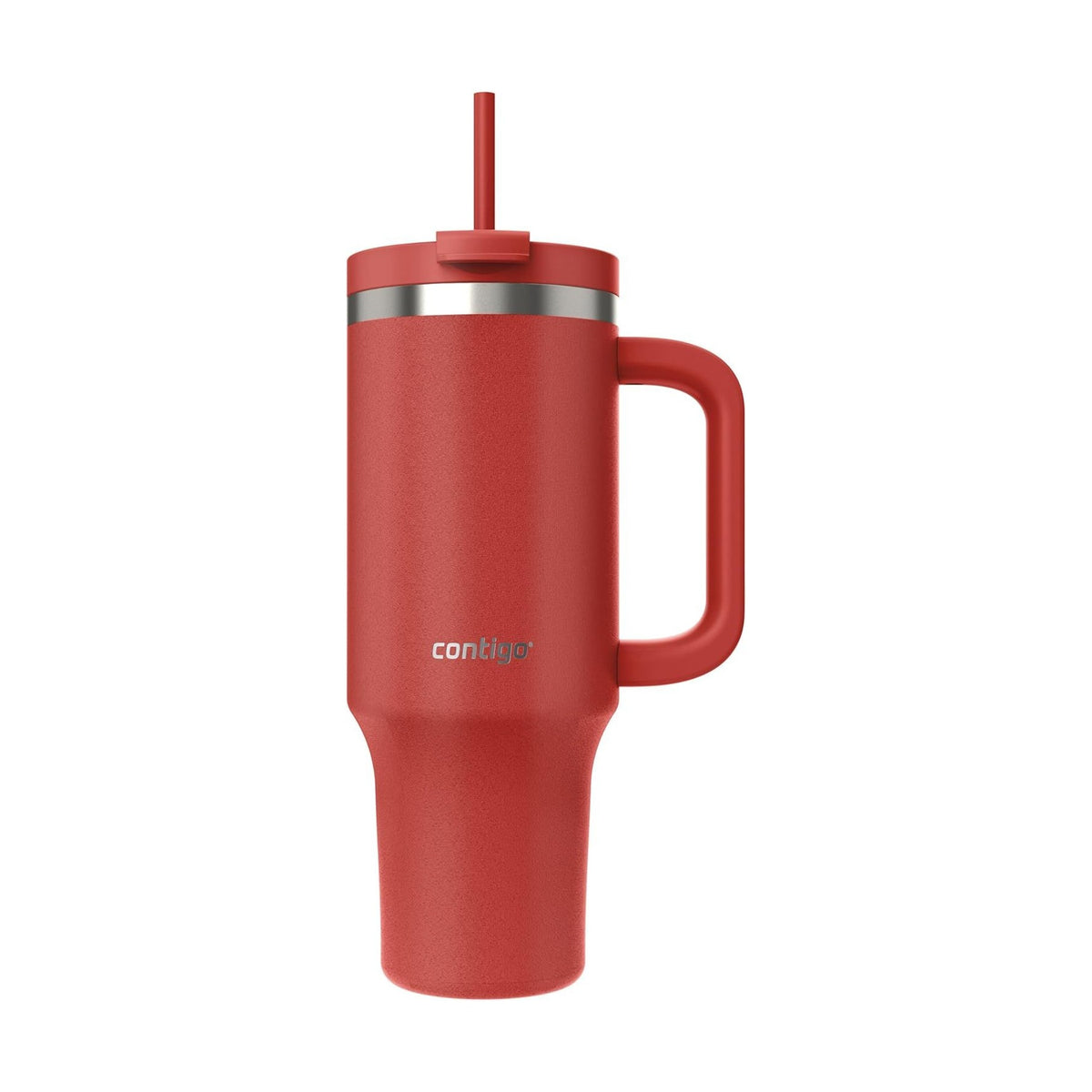 Red Contigo 40 oz stainless steel tumbler with a matching red handle, lid and straw