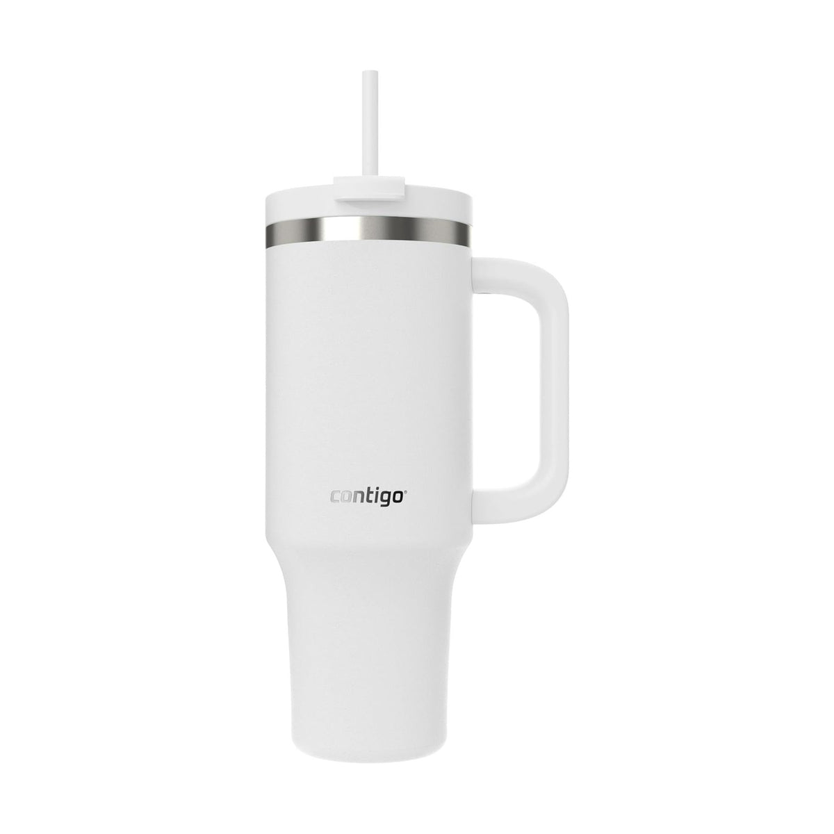 Salt colour option, an all white Contigo 40 oz tumbler with a white handle, lid and straw