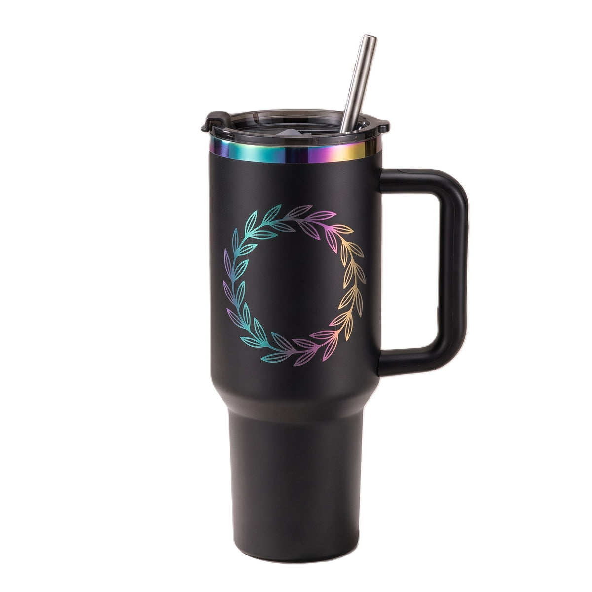 Matte black 40oz tumbler with a laser-engraved leaf wreath that reveals iridescent colours