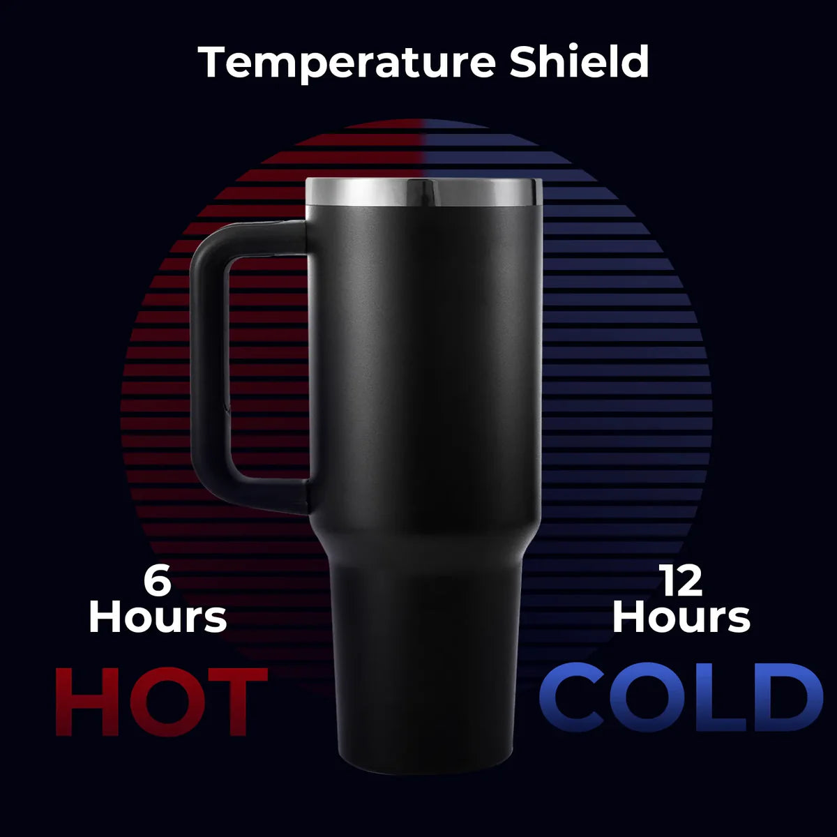 Black 40oz tumbler that keeps drinks hot for up to 6 hours and cold for up to 12 hours
