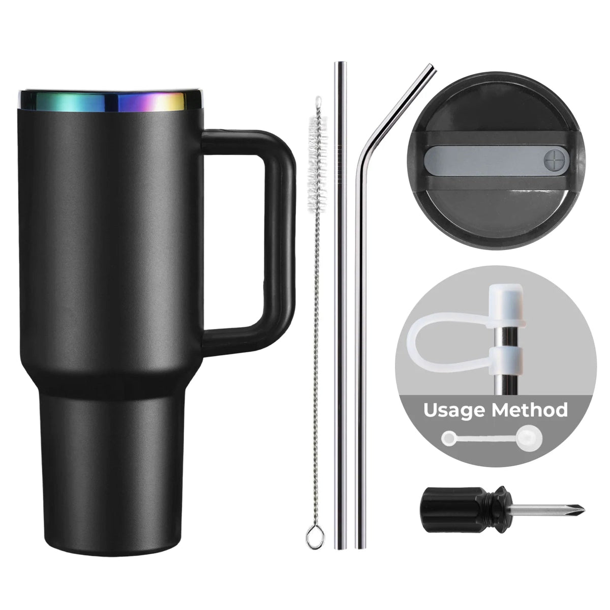 Black 40oz tumbler with iridescent rim shown with its lid, straight and bent stainless steel straws, cleaning brush, straw cap and screwdriver
