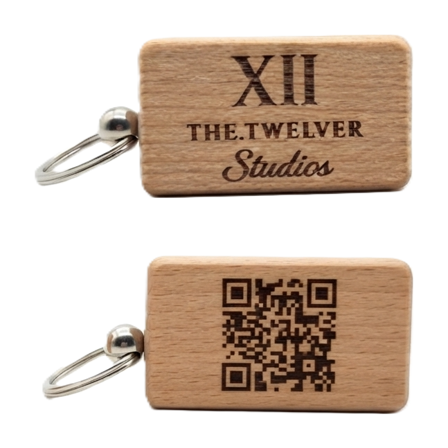 Custom engraved wooden keychain, front with a business logo and back with a QR code