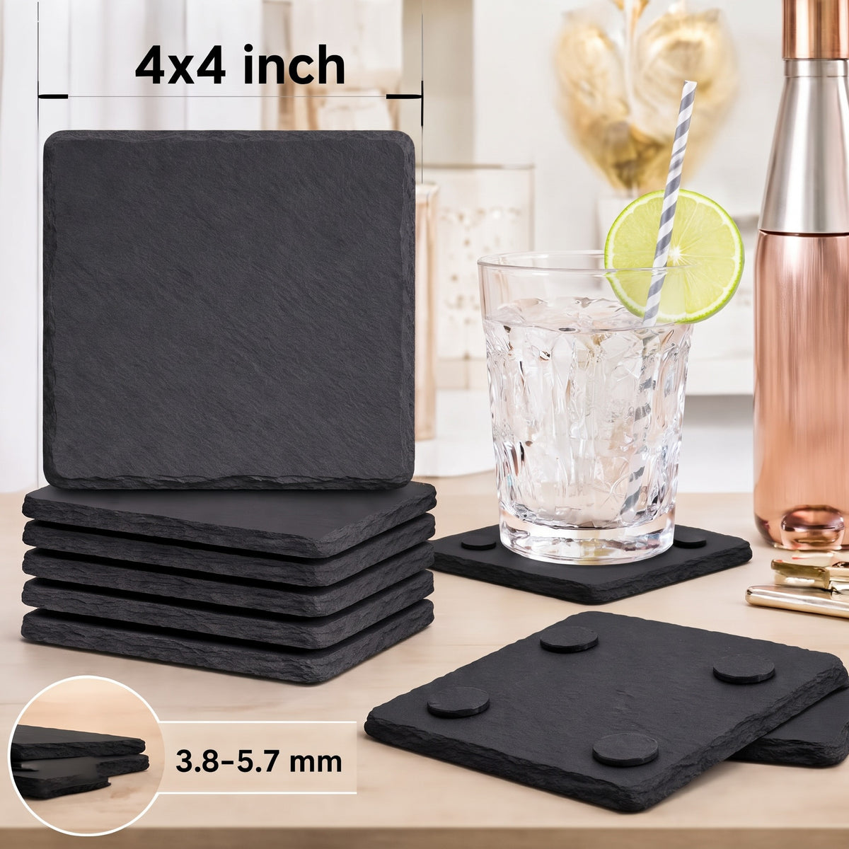 Stack of square 4 x 4 inch natural slate stone coasters with rubber feet and a 3.8 to 5.7 mm thickness callout, beside a glass of iced water
