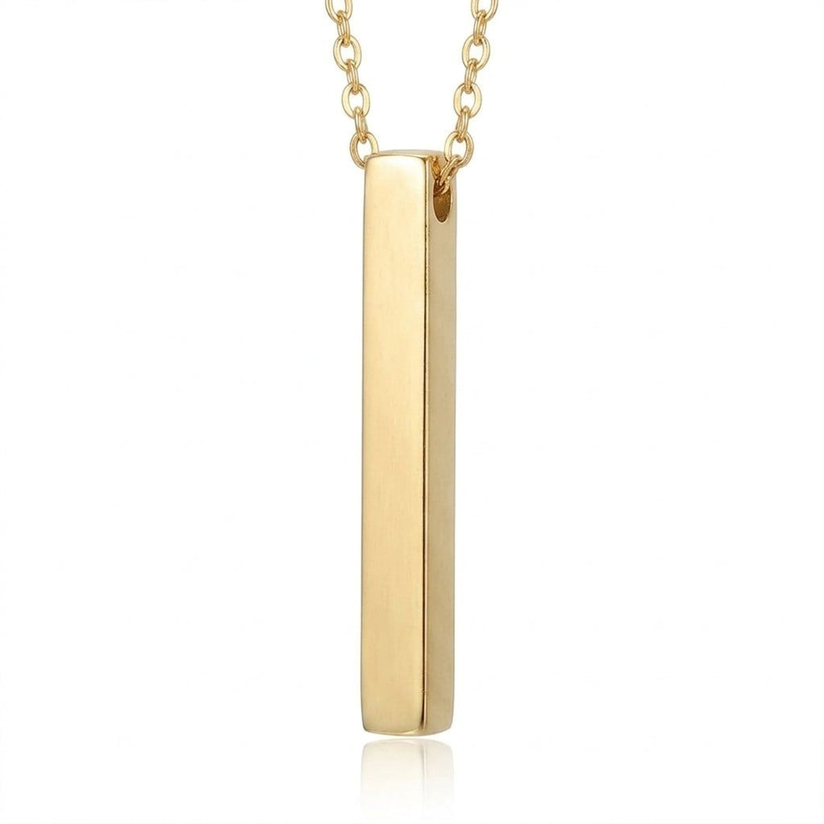 Blank gold vertical bar pendant on a gold chain, close-up on white