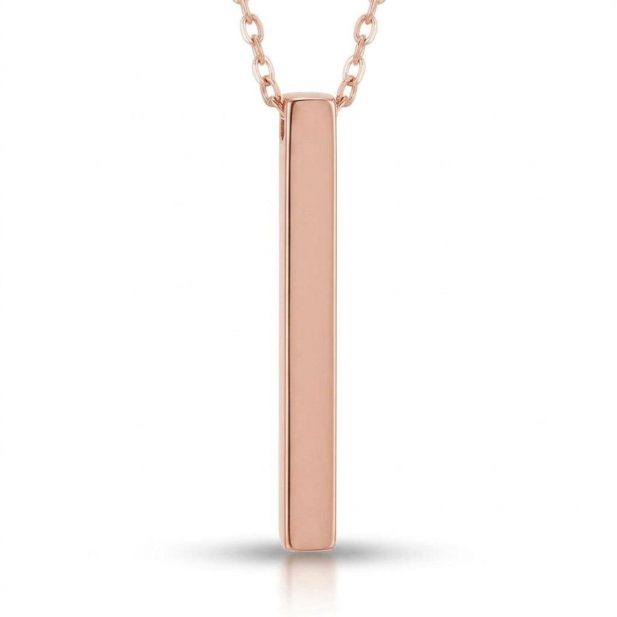 Blank rose gold vertical bar pendant on a rose gold chain, close-up on white