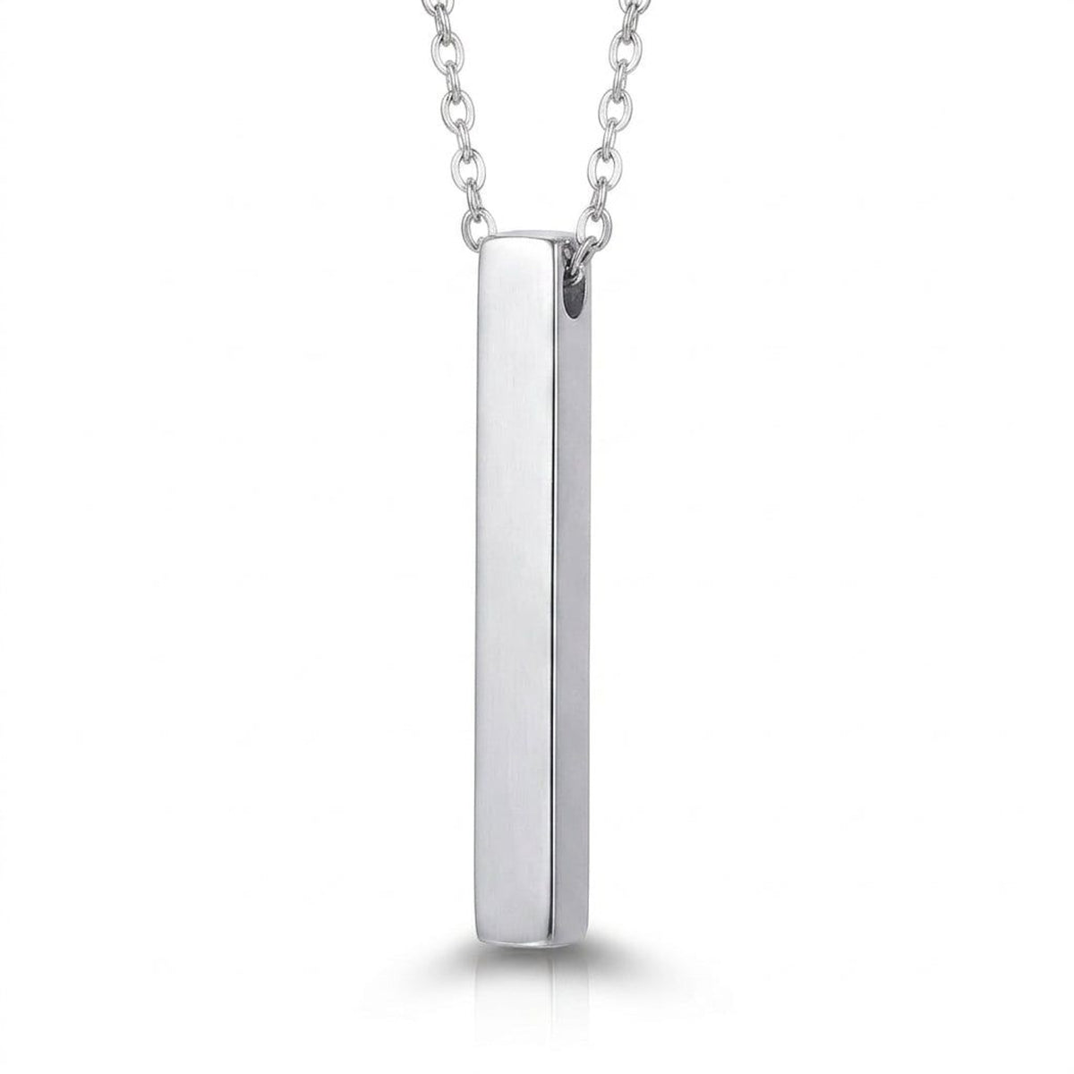 Blank silver vertical bar pendant on a silver chain, close-up on white