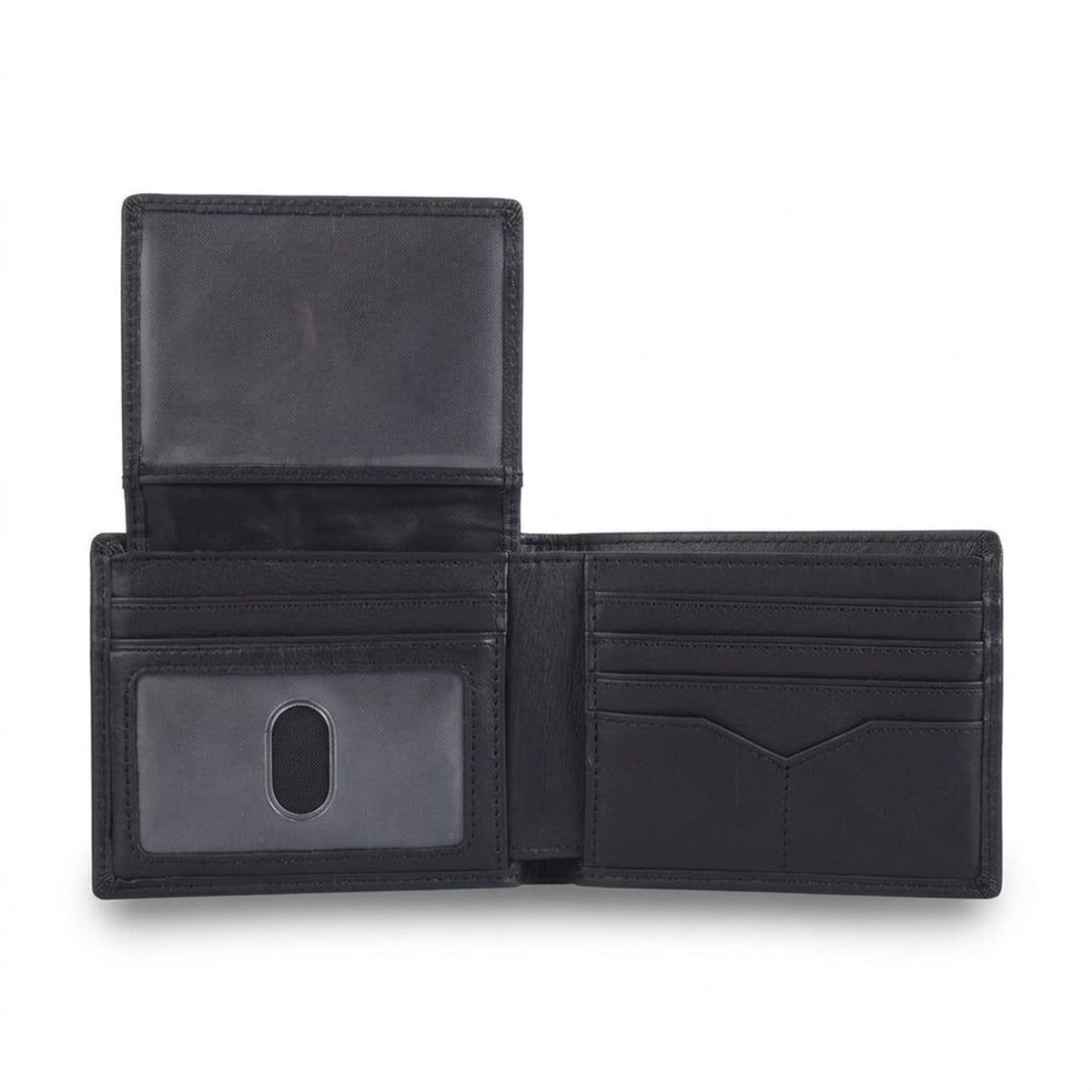 Black leather bifold wallet shown open and empty, card slots and ID window visible, on white